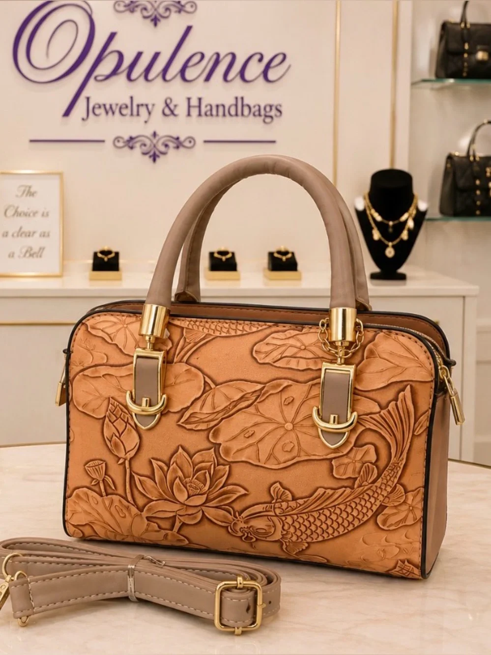 Embossed Floral & Koi Satchel Bag - Taupe and Tan